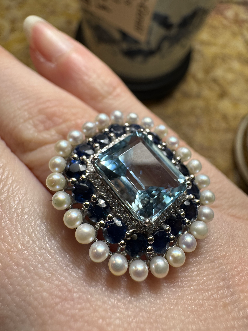 Thumbnail: Aquamarine, Sapphire & Pearl Statement Ring