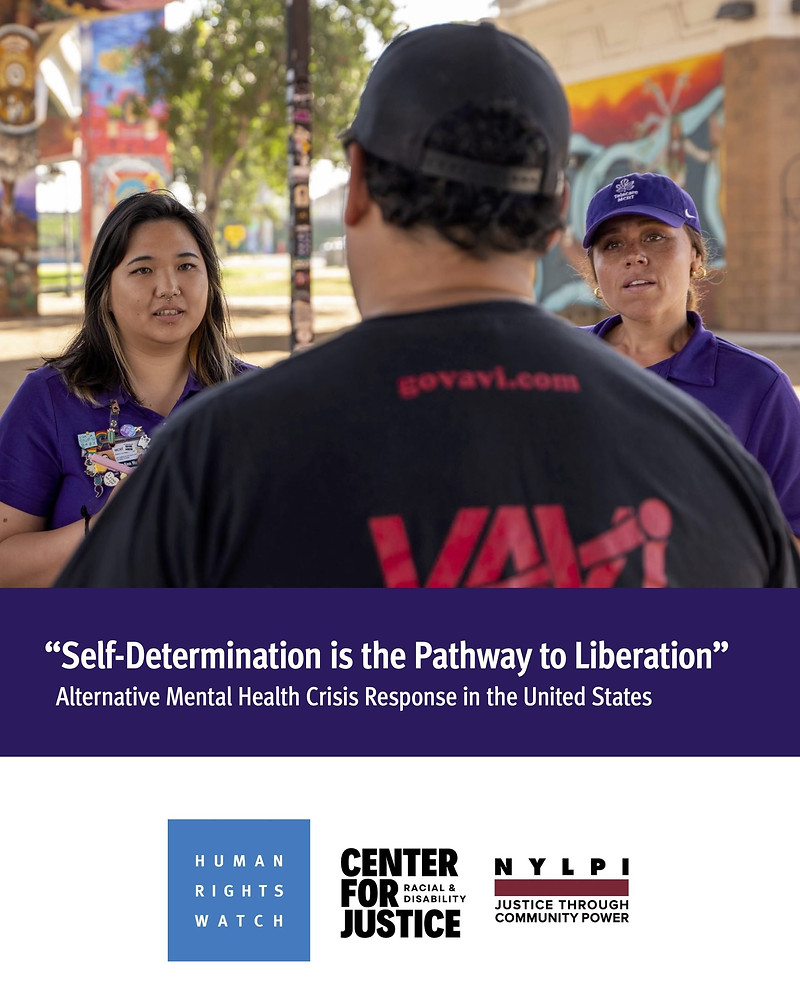 Report cover with an image of two Telecare San Diego Mobile Crisis Response Team members wearing purple polo shirts provide crisis support to a community member in Chicano Park, San Diego, California. The community member is seen from behind, facing the two responders, with colorful murals visible in the background. At the bottom is the organization's logos including Human Rights Watch, CRDJ, and NYLPI.