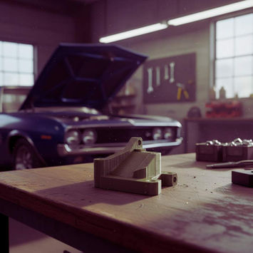 Close up of 3D model in garage with vintage car in background