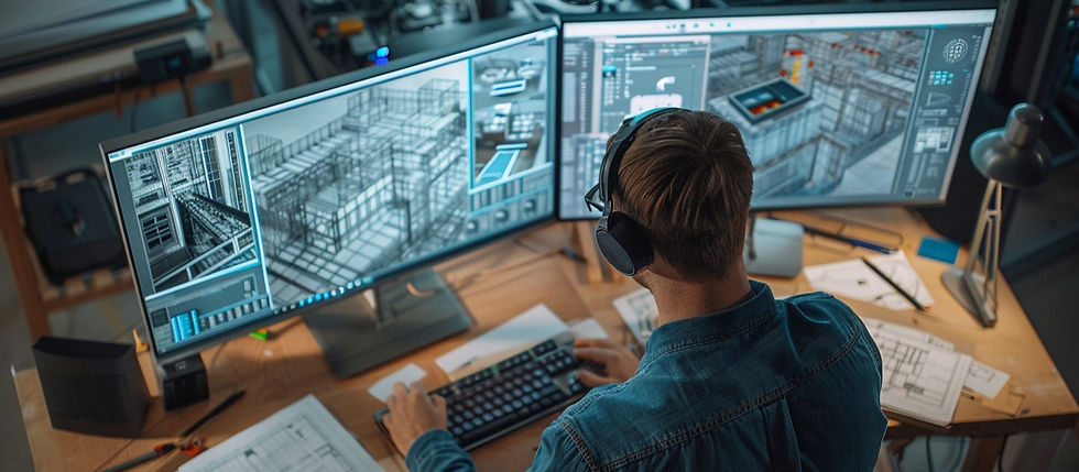 A person working on desktop while wearing headphones