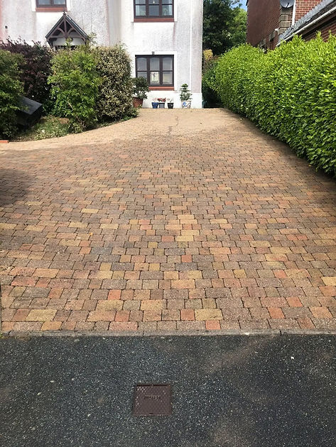 Brick paved driveway leading towards a white house with green bushes present.