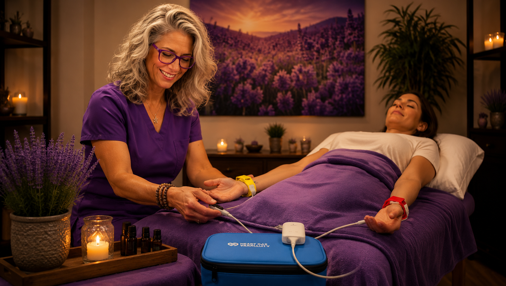Practitioner conducting Heart Rate Variability Testing on a patient.