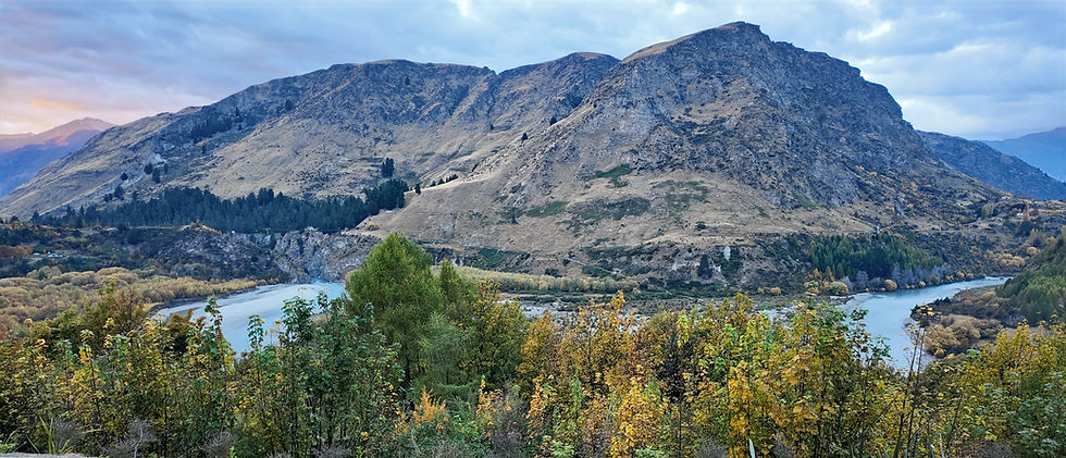 View from our Queenstown hotel overlooking the Shotover River and surrounding mountains, where the shotover Jet operates. 