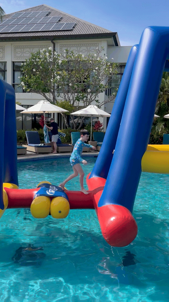 Large inflatable water obstacle in the swimming pool at Sofitel Fiji Resort & Spa in Denarau.
