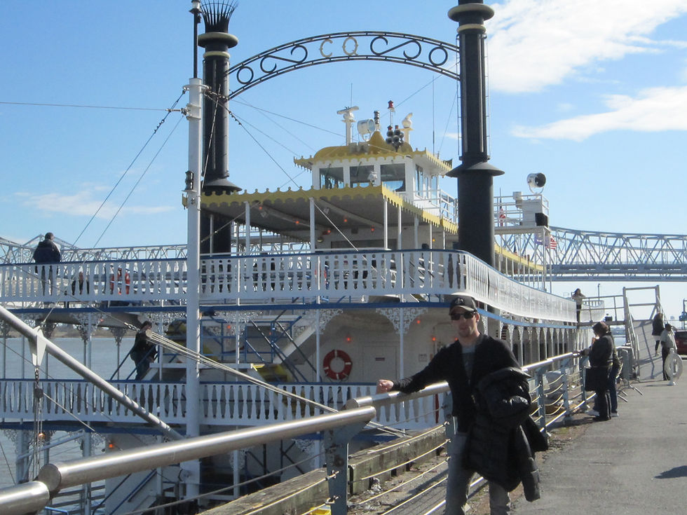 Steamboat Natchez docked on the Mississippi River in New Orleans.