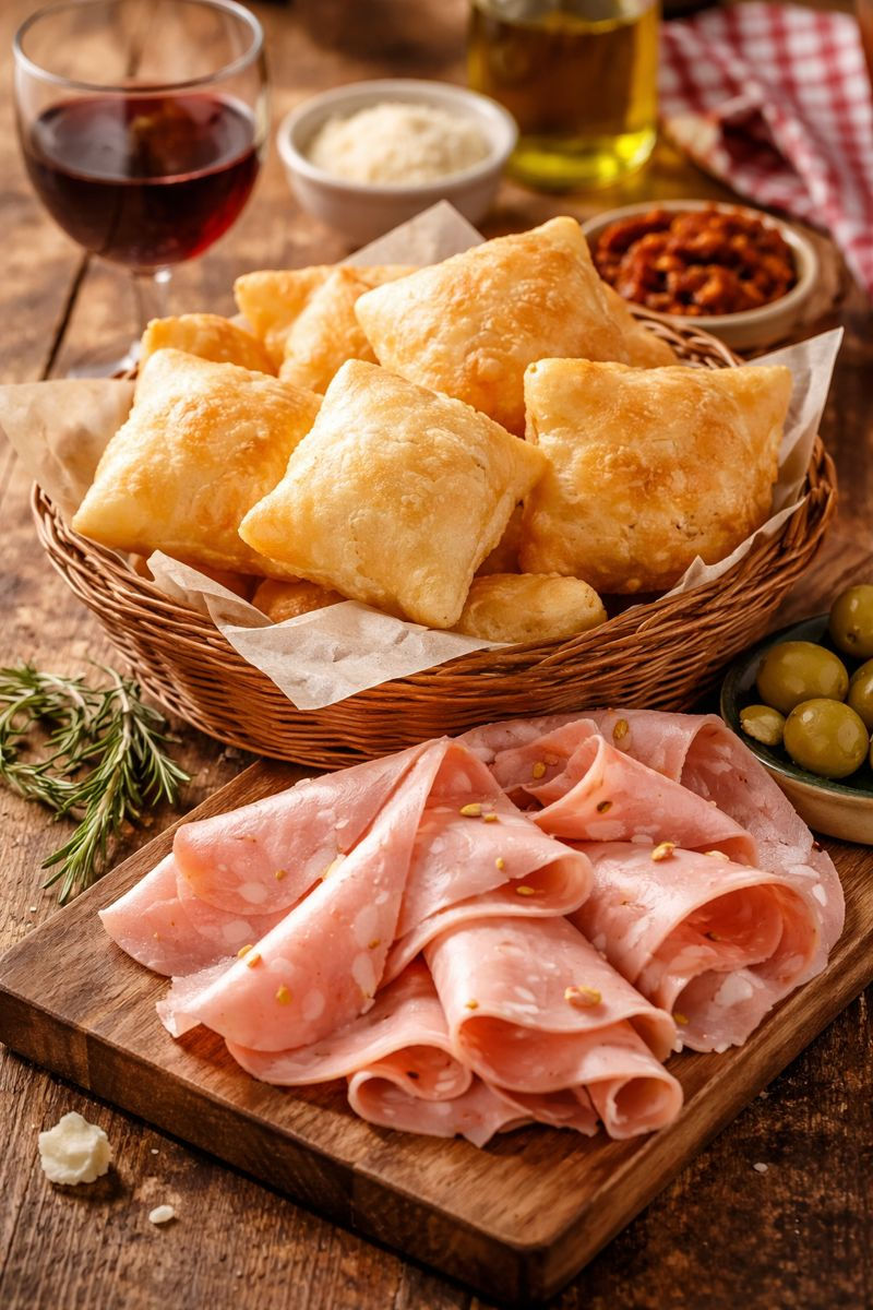 Crescentine and mortadella in Bologna, Italy