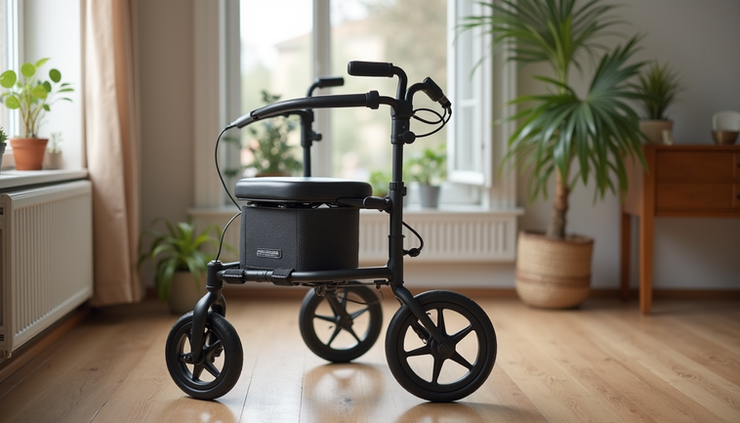 Eye-level view of a lightweight rollator with four wheels and a built-in seat in a home setting