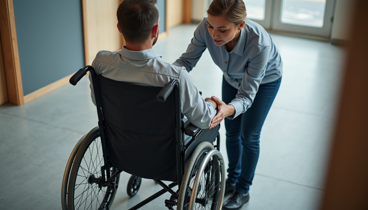 High angle view of a mobility specialist adjusting a wheelchair for a user