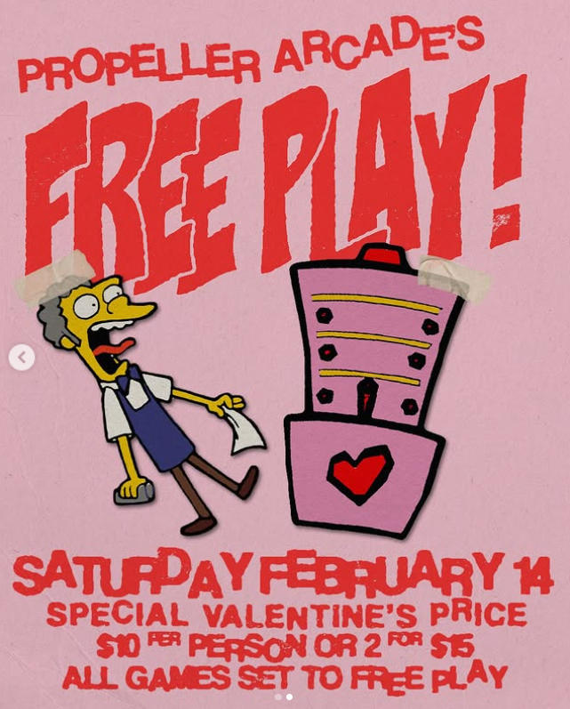 People painting at an event, holding art and drinks. Red background with "Paint Your Partner" text for February 14, 2026, at Almonak.