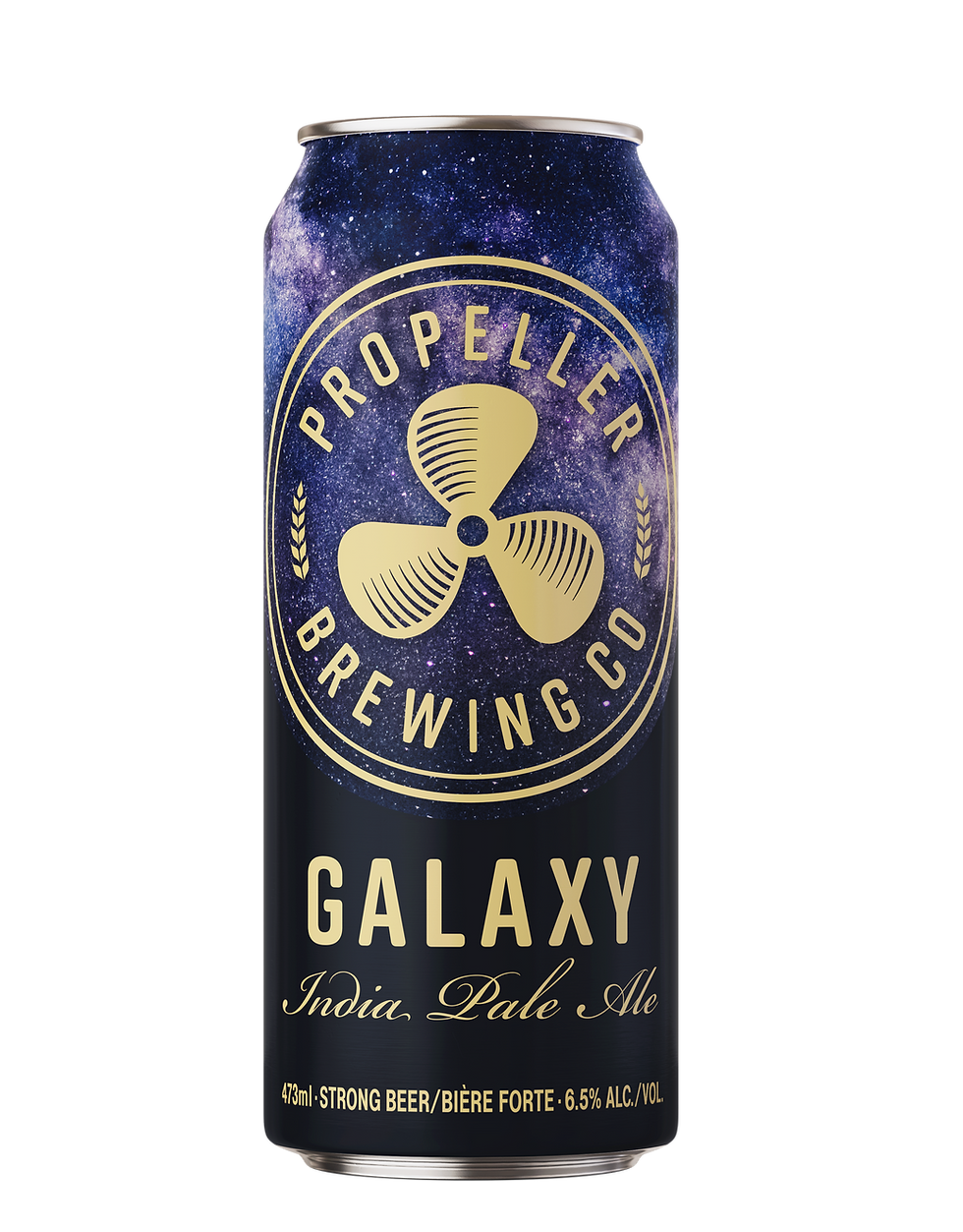 Beer can with galaxy-themed design, marked "Propeller Brewing Co, Galaxy India Pale Ale, 6.5% ALC/VOL." Starry backdrop, gold text.