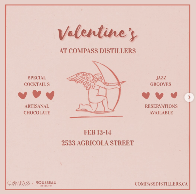 Pal-entine's Day Rug Hooking Workshop poster with hearts and phrases like "BYE" and "NO." Event on February 13th, 6-9 PM at Ramblers.