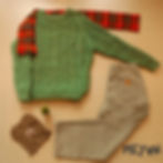 Green knit sweater, plaid red scarf, khaki pants, brown gloves, and a small plant arranged on a beige background. Text: MEYVN sustainable apparel. Located in North End Halifax.