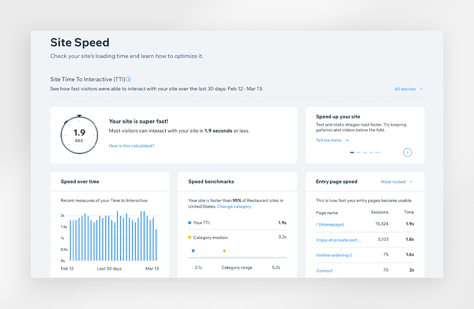 Wix's Site Speed Tool showing Google Page Speed Insights