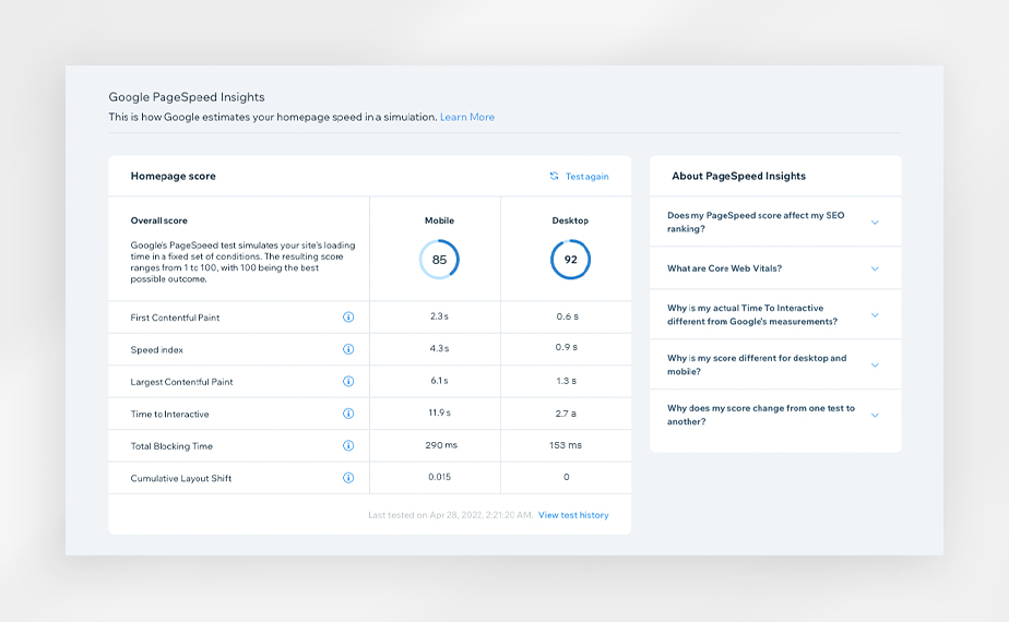 Wix's Site Speed Tool showing Google Page Speed Insights