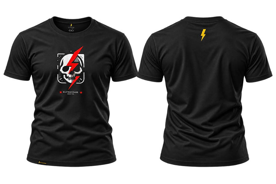 Camiseta Caveira & Raio Preta, frente com caveira branca e raio vermelho, costas com pequeno raio amarelo junto à gola.