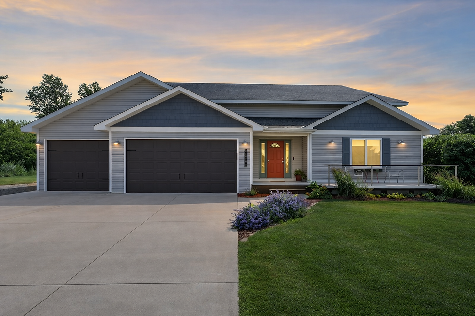 custom home Minnesota exterior with fresh landscaping, green lawn, and modern curb appeal at sunset