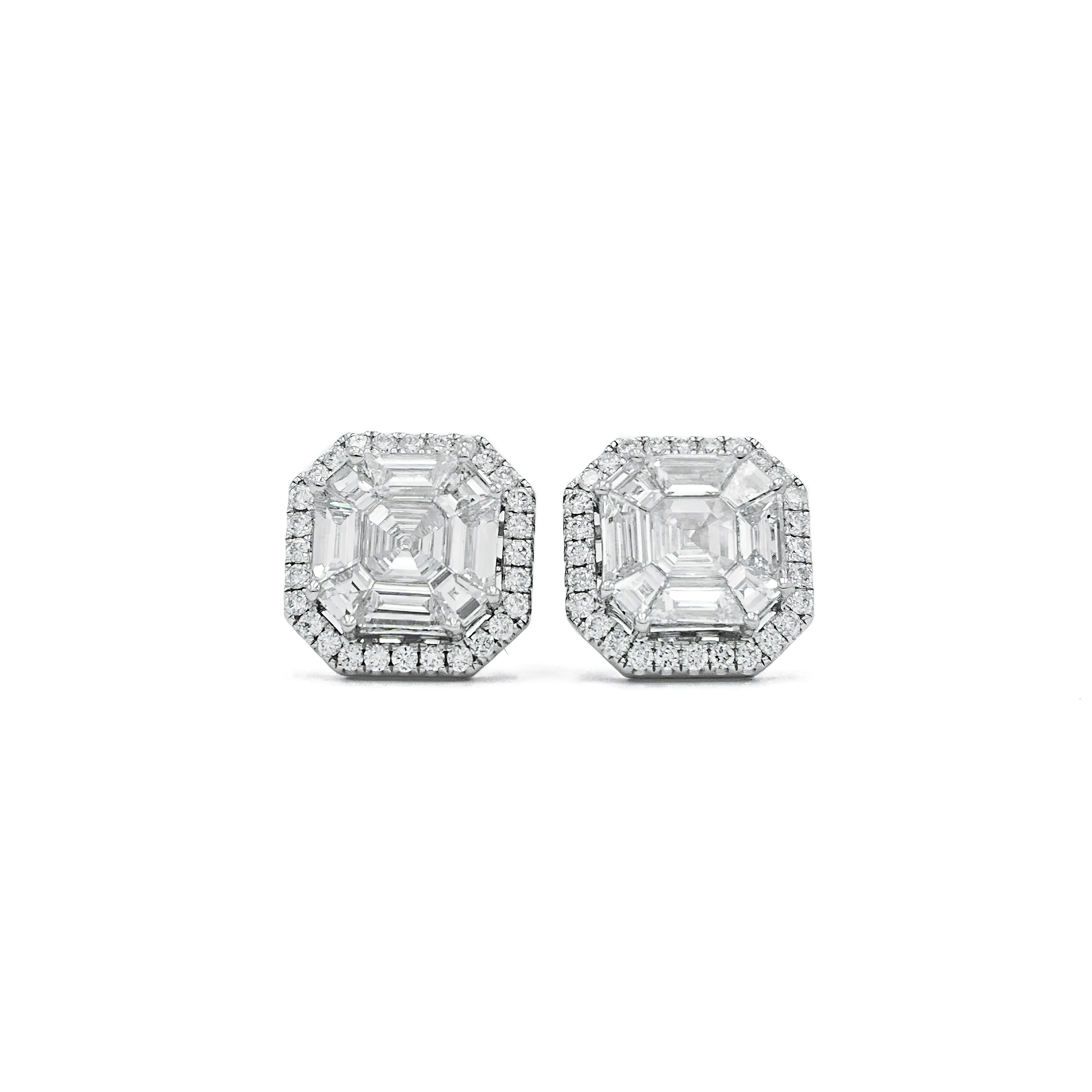 Asscher Pie-Cut Diamond Stud Earrings with Pavé Halo in 18k White Gold - Innaya Jewelry by Himani Shah