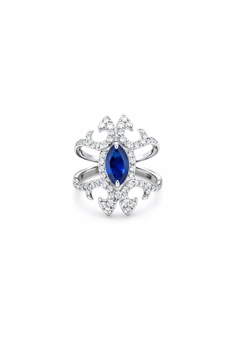 Thumbnail: Imperial Marquise-Cut Blue Sapphire & Diamond Cocktail Ring in 18K White Gold - Innaya Jewelry by Himani Shah