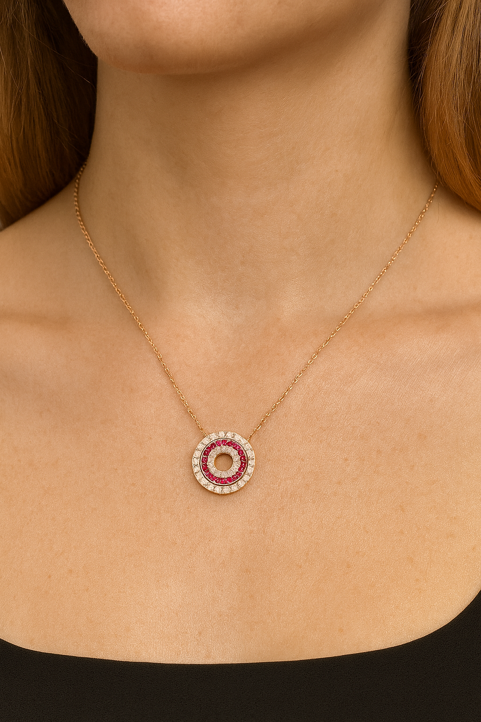 Red Ruby and Diamond Double Halo Pendant Necklace in 18k Rose Gold - Innaya Jewellery Shop in Hong Kong