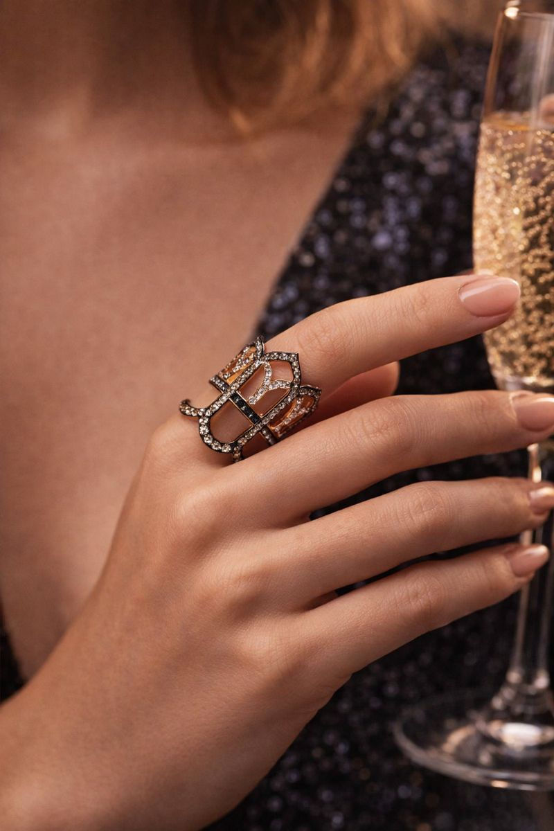 Crown Lattice Black & Champagne Diamond Cocktail Ring in 18K Rose Gold - Innaya Jewelry by Himani Shah