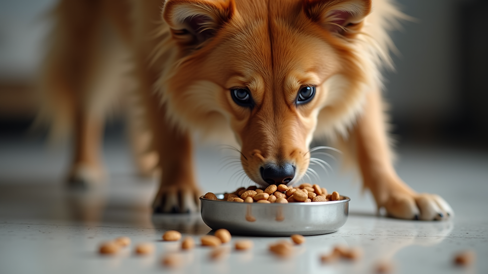 Close-up view of a dog eating premium dry food from a bowl