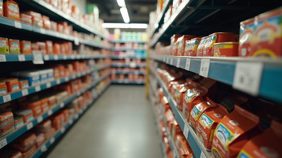 High angle view of pet food shelves in a professional pet shop