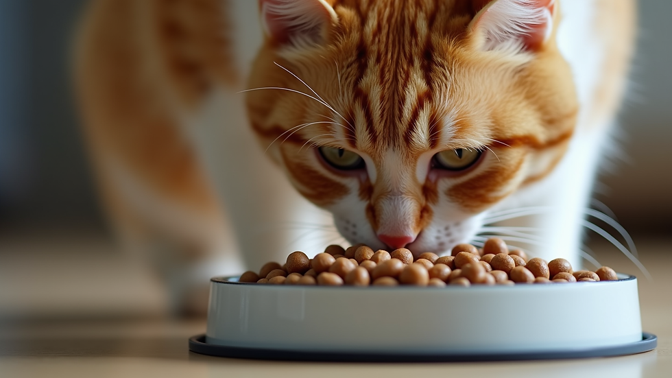 Close-up view of a cat eating from a bowl of wet premium cat food