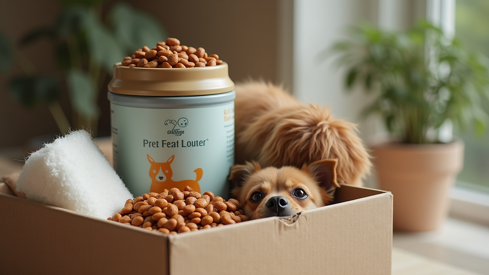 Close-up view of a delivery box with pet food and accessories