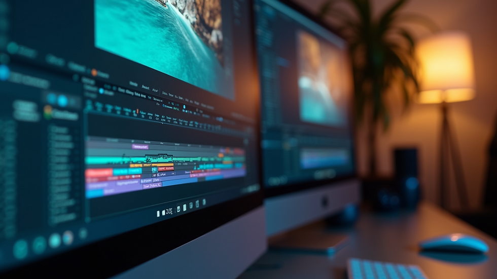 Close-up view of a computer screen showing video editing software interface