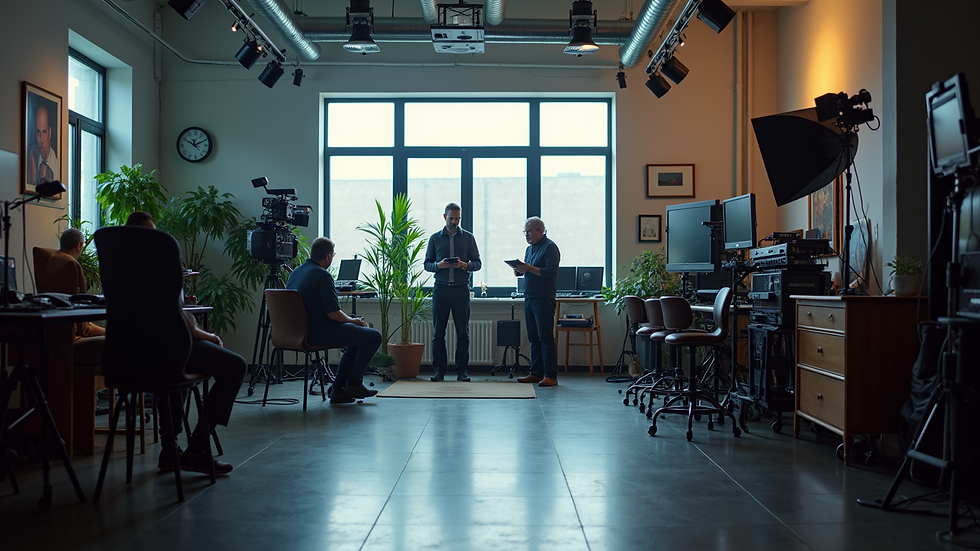 Wide angle view of a creative studio filled with video equipment