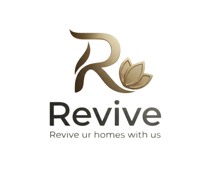 Digital logo design featuring a stylized golden 'R' intertwined with a lotus flower and the brand name 'Revive'. The elegant emblem suggests renewal and sophistication.