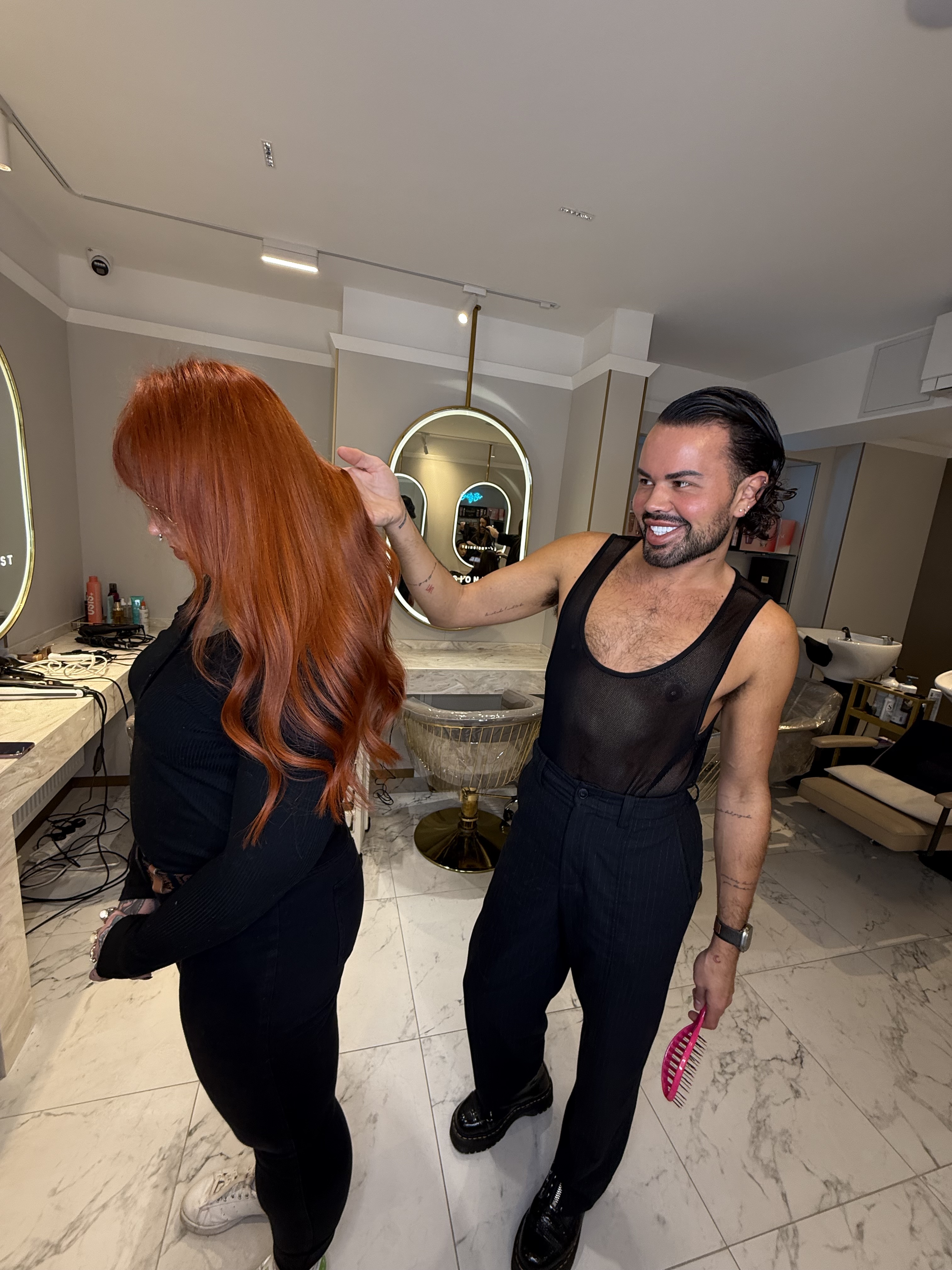 Hair extensions salon staff and client