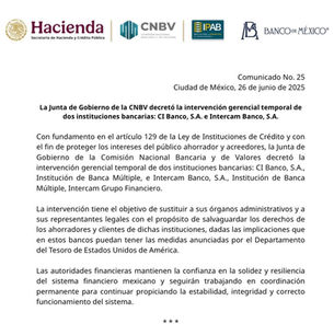 CIBanco, Intercam y Vector Casa de Bolsa, intervenidos por la CNBV tras acusaciones del Tesoro de EU