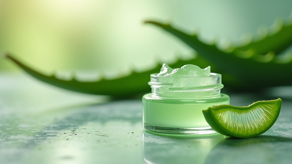 Eye-level view of aloe vera gel jar with fresh aloe leaves