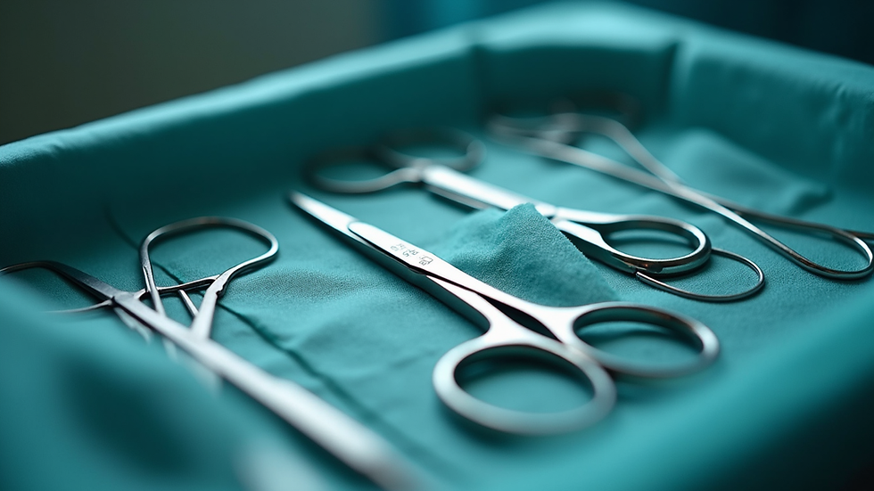 Close-up view of surgical instruments arranged neatly on a sterile tray