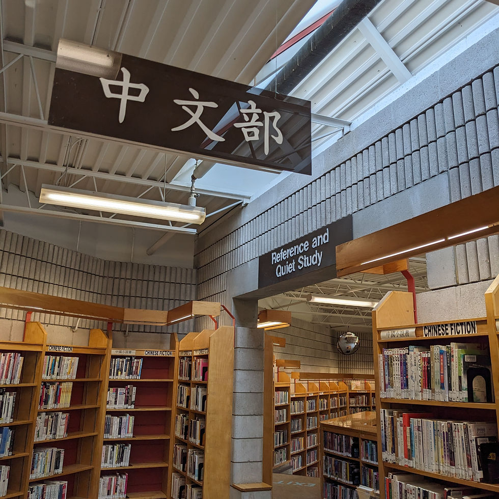 Book shelves with a Chinese sign on top