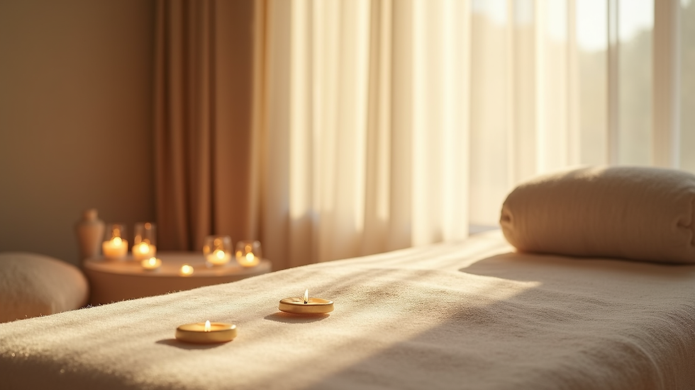 Eye-level view of a serene Reiki healing space with soft lighting and calming decor