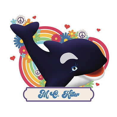 MC Killer who is an orca, with rainbow arches and colorful flowers, peace signs, and hearts behind and around him.