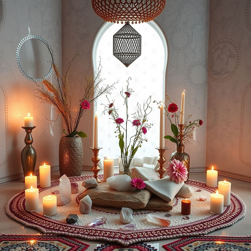 crystals, candles, and flowers decorating a pretty sacred space in a futuristic Moroccan d