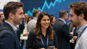 People networking at CES 2026 event, holding phones and smiling. Background shows a blue graph and large sign reading "CES 2026".