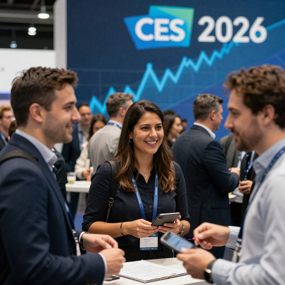People networking at CES 2026 event, holding phones and smiling. Background shows a blue graph and large sign reading "CES 2026".