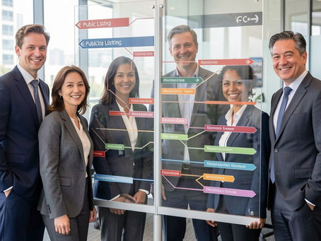 Business people smiling considering IPO listing pathway