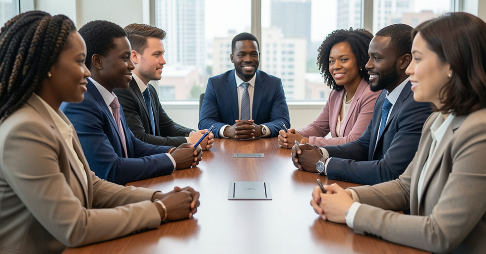 Business meeting with diverse group seated around a wooden table. Smiling, formal attire. Cityscape visible through large window.