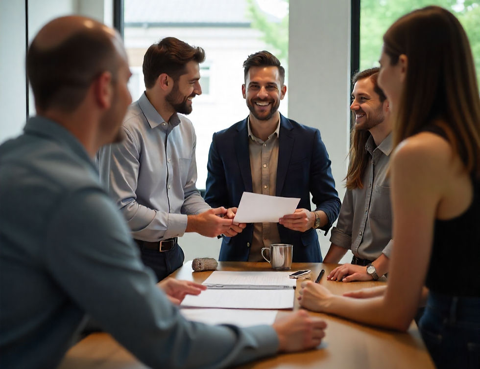 Five business people smiling during a meeting discussing plans for the future to support positive change management.