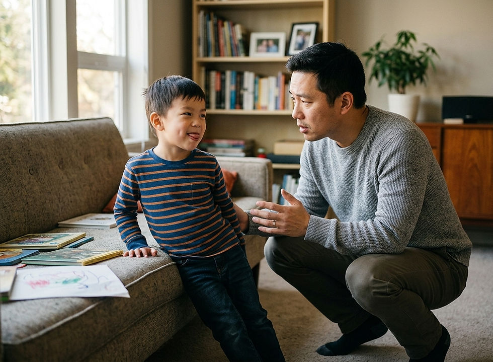 A father talking to his ADHD child having his tongue out at home