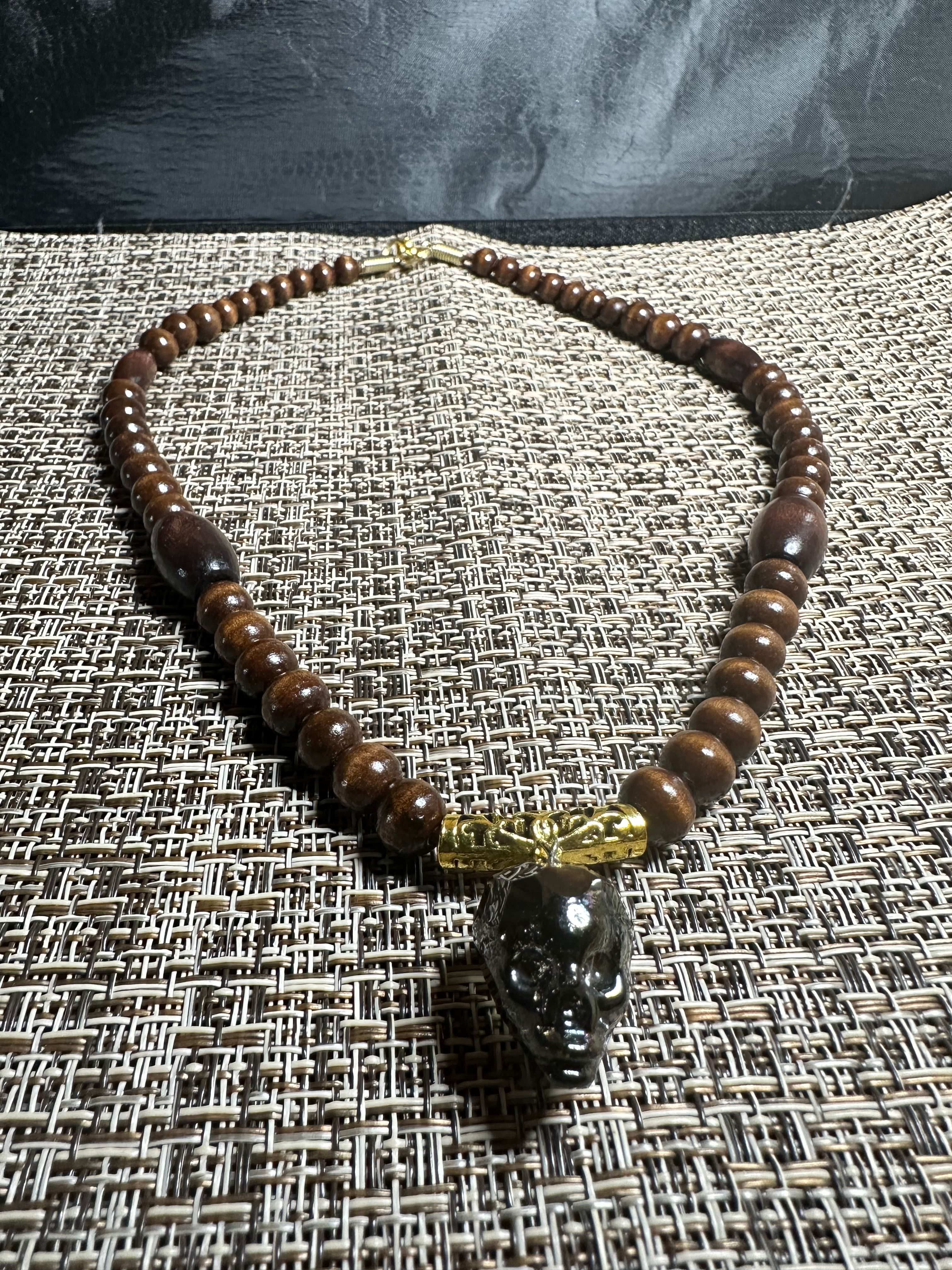 Multi Color Glass Skull-Wood Bead Men’s Necklace