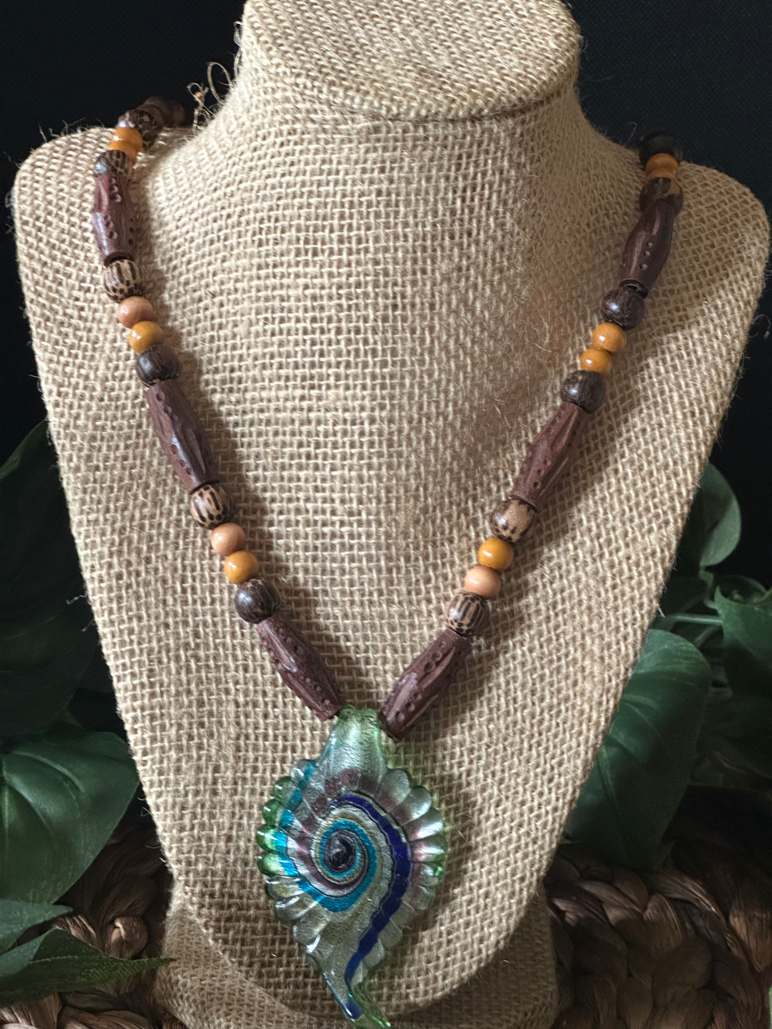 Blue Waves Pendant w. Wood  Bead Necklace 