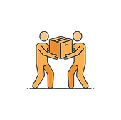 Simple professional orange flat vector icon of two professional movers carefully carrying 