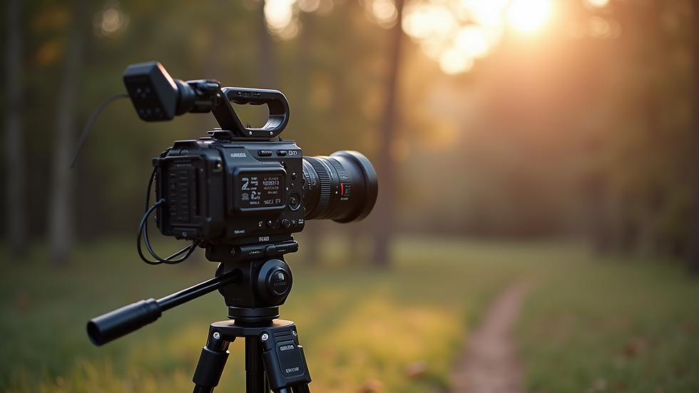 Close-up view of a wedding video camera setup on a tripod