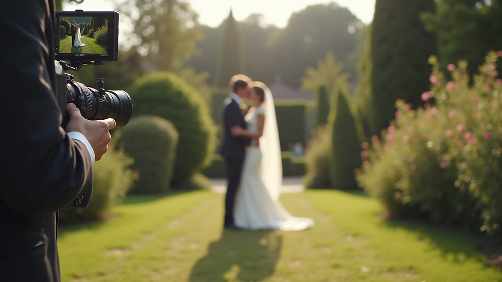 Eye-level view of a wedding videographer filming a couple in a garden